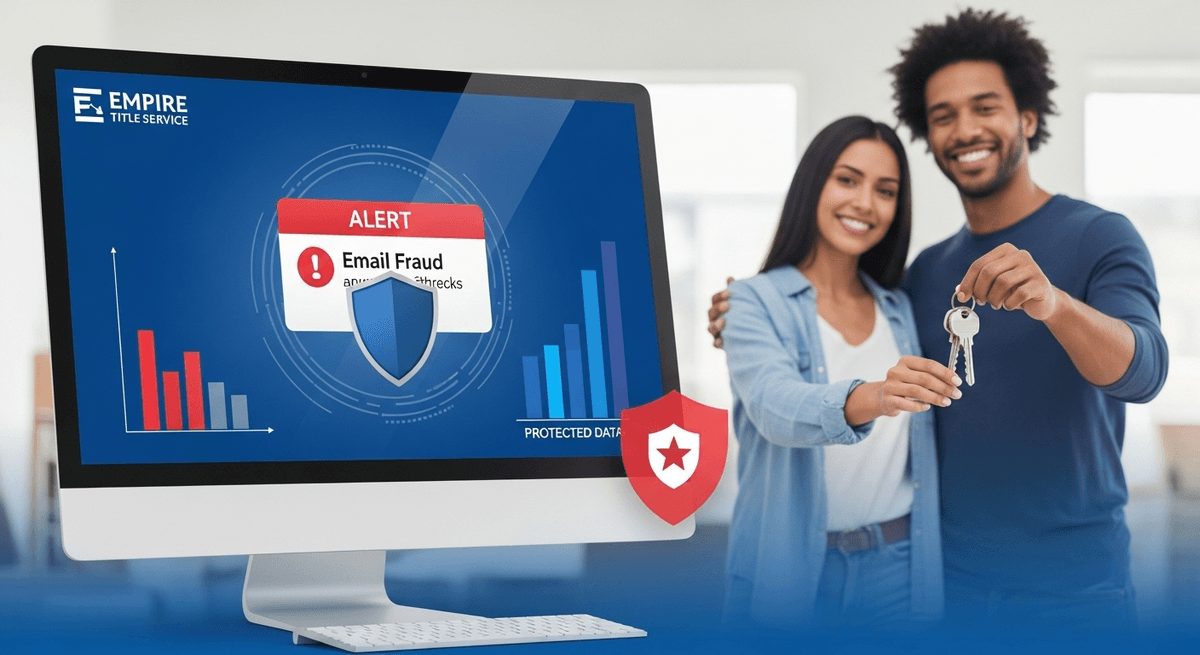 Empire IT saves client from email scam â modern illustration with alert on screen and happy couple on monitor