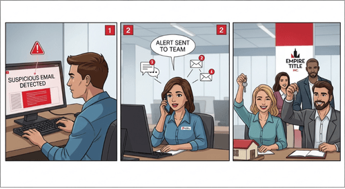 Three-panel comic: Empire IT catches red flag, internal alert sent, happy couple closes with keys in hand