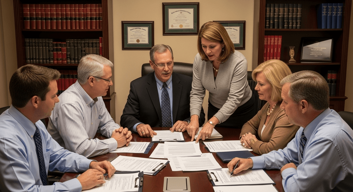 Family meeting with estate attorney discussing inherited property title issues
