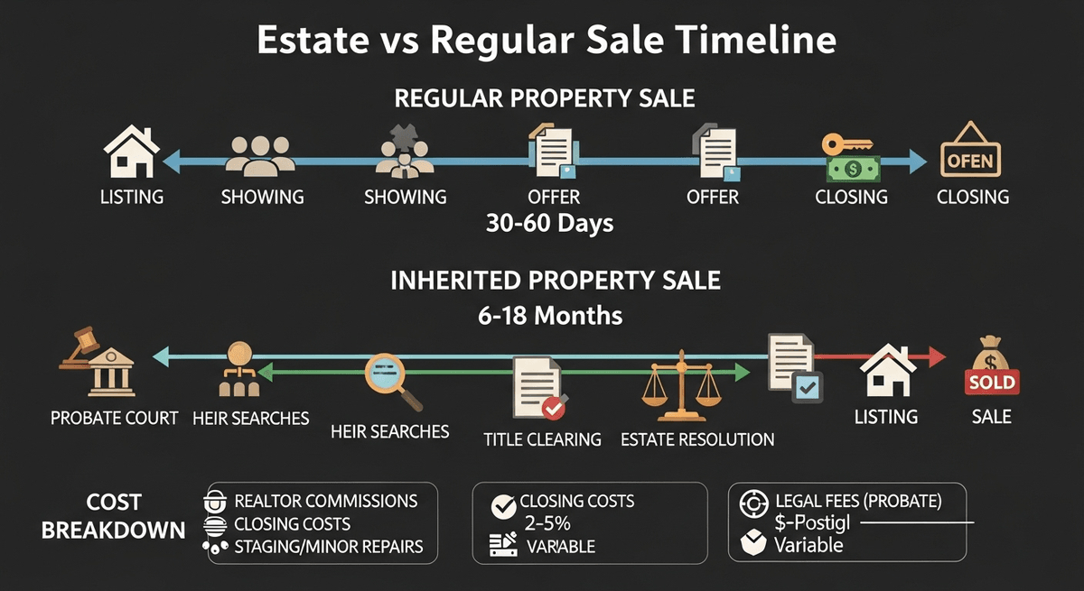 Timeline comparison showing regular property sale versus inherited property sale process and timeframes