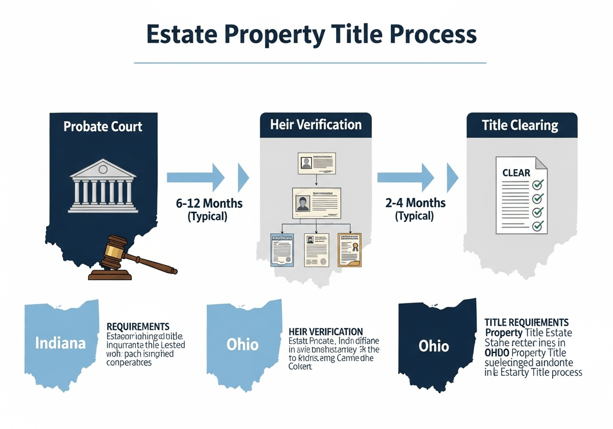 Infographic showing estate property title clearance process with probate, heir verification, and title clearing steps
