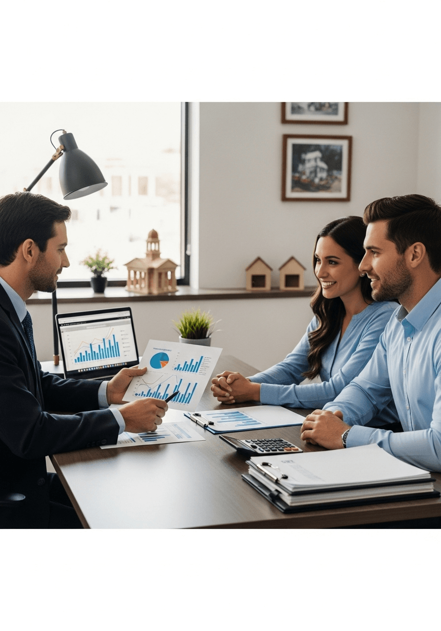 Financial advisor meeting with couple discussing home sale options