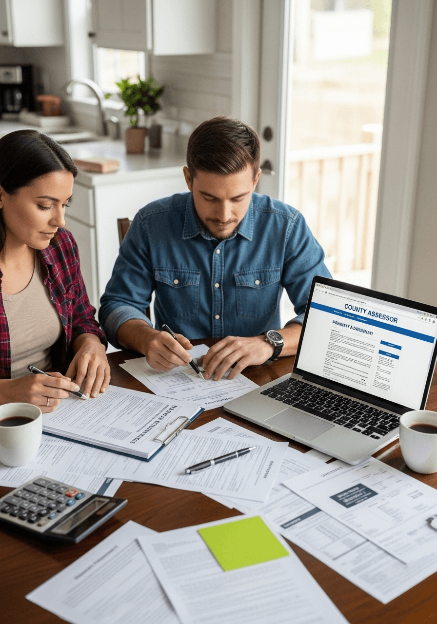 New homeowners organizing important documents including tax assessments, insurance papers, and warranty information