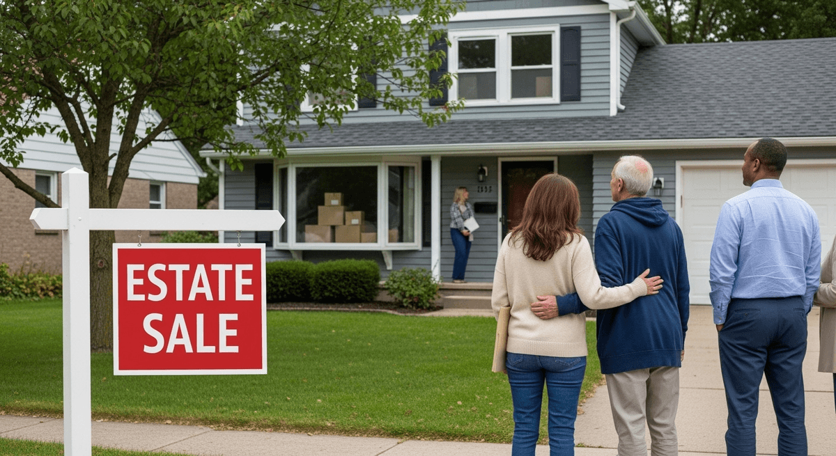 Inherited family home with estate sale sign showing the emotional and practical challenges