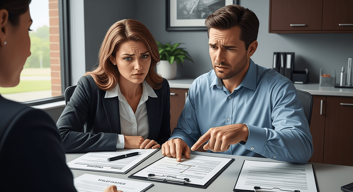 Couple reviewing title company fees in New Castle, Indiana office