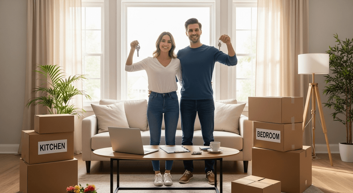 Happy new homeowners holding keys in their living room with moving boxes