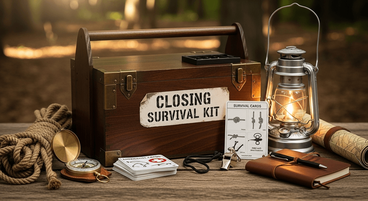 Outdoor survival theme closing kit for real estate homebuyers with rugged toolbox and survival gear