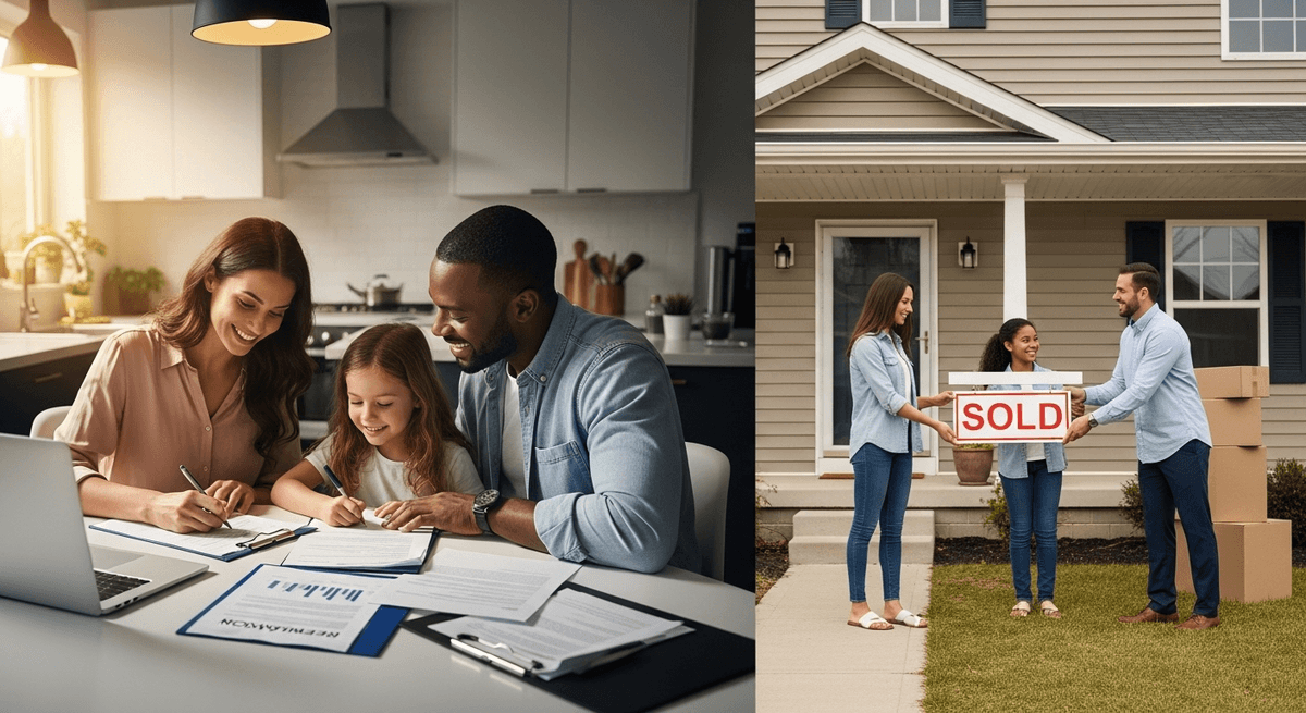Split scene showing family considering refinancing versus selling their home