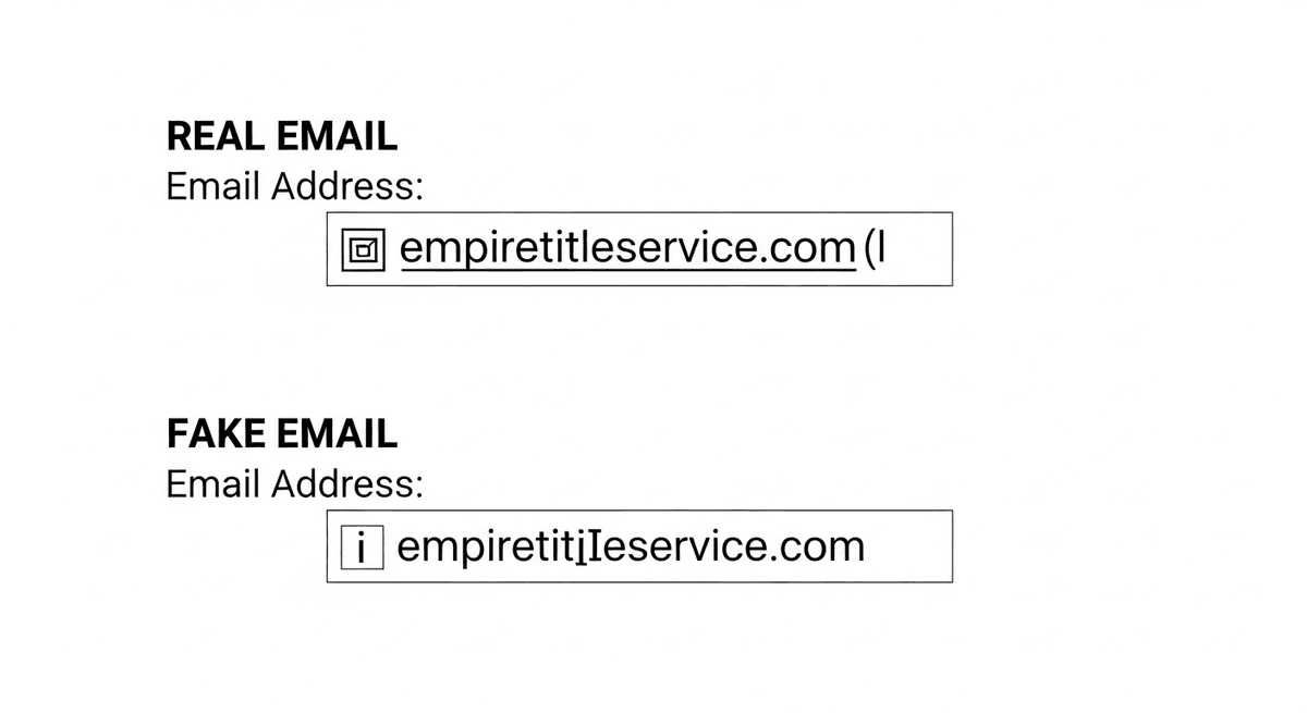 Infographic showing empiretitleservice.com vs empiretitIeservice.com with highlighted red flags