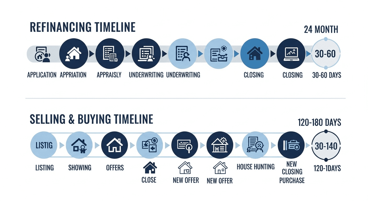 Timeline comparison showing refinancing versus selling and buying process