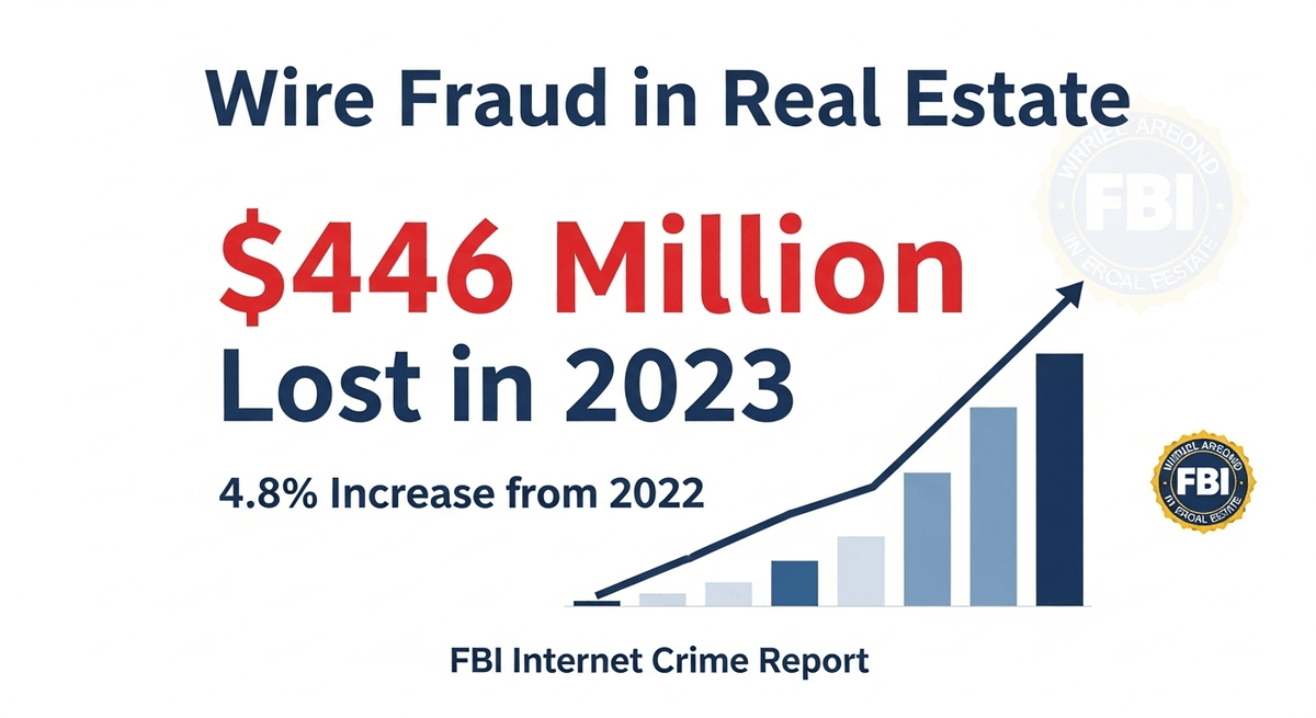 Wire fraud statistics showing $446 million lost in 2023 with FBI data
