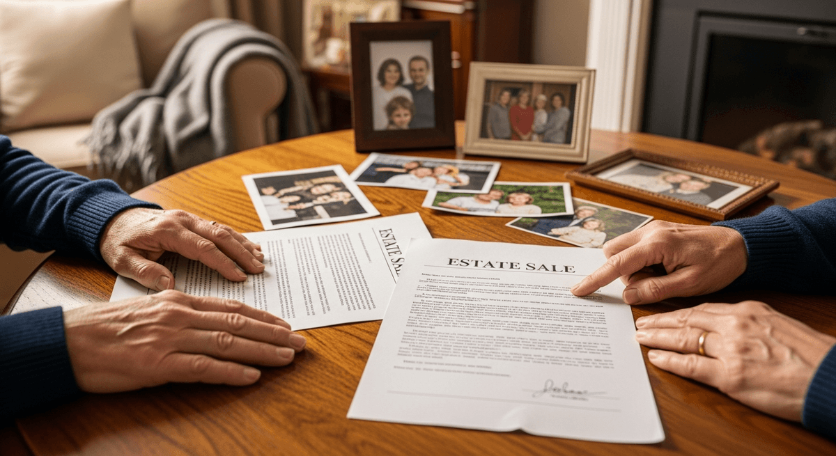 Family reviewing estate sale documents and title paperwork at home in New Castle Indiana