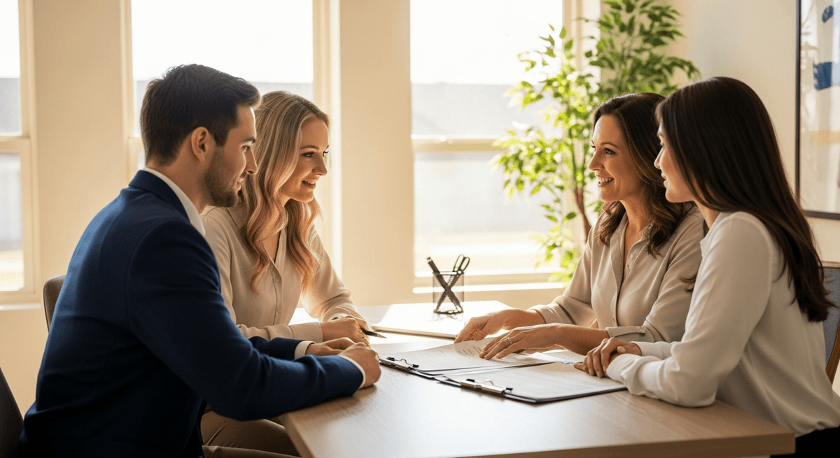 Indiana homebuyers meeting with title company representative to review closing documents