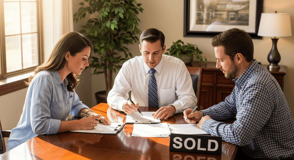 Indiana homebuyers signing final closing documents at the closing table with a title company professional