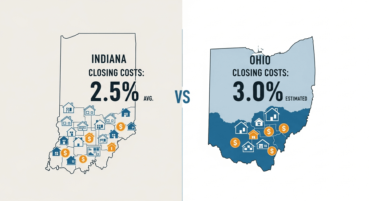 Side by side comparison map of Indiana and Ohio showing closing cost differences