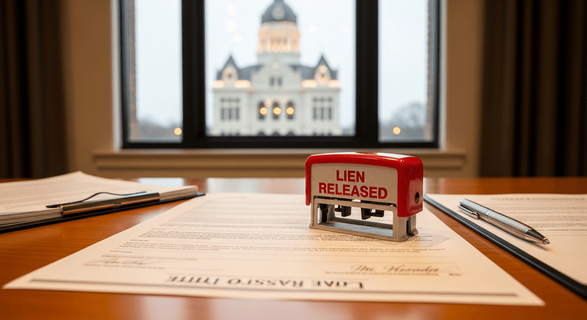 Title document with lien released stamp on desk at Richmond Indiana title company office