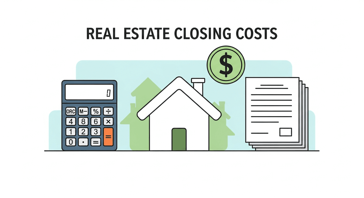 Illustration of real estate closing costs with house, documents, and calculator for Richmond Indiana buyers