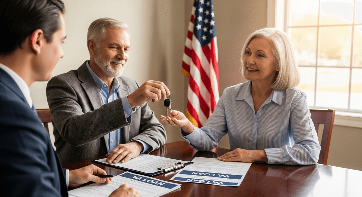 American veteran couple receiving house keys at closing table with American flag in background