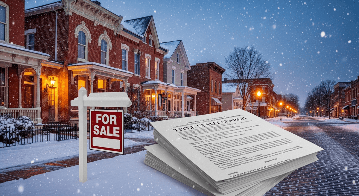 Snowy winter scene of Richmond Indiana historic downtown with for sale sign