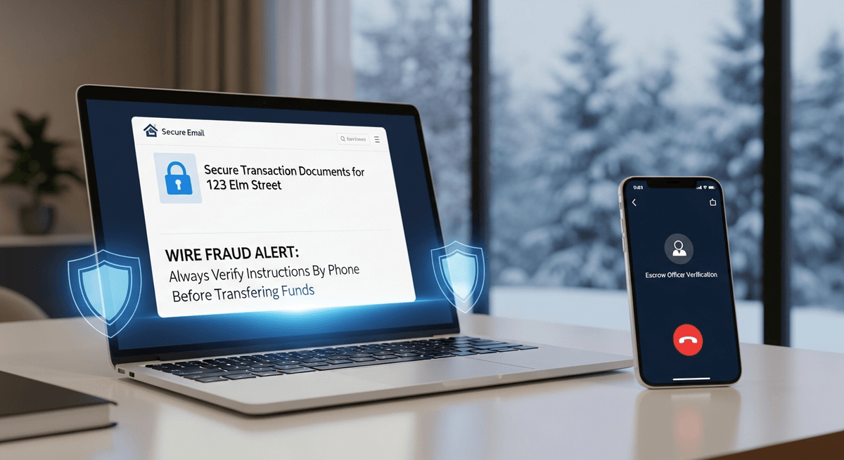 Secure laptop showing wire fraud protection measures for Winchester Indiana real estate closing
