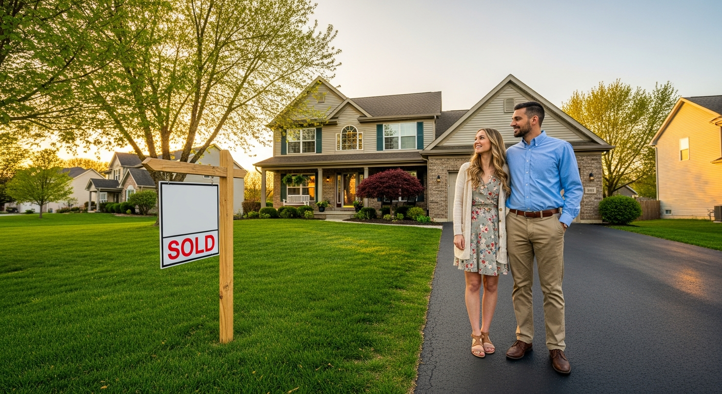 Hopeful couple standing in front of their new Indiana home at golden hour, beginning their home buying journey