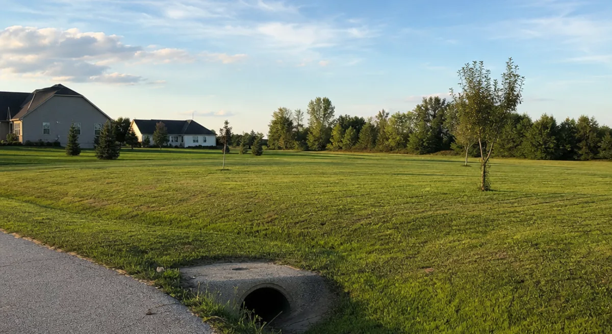 An open grassy residential building lot on the edge of a small Indiana town at golden hour — Empire Title