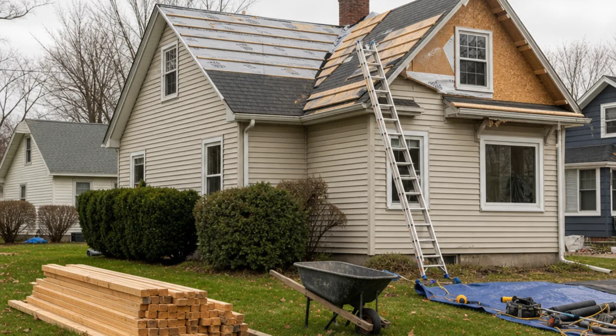 A modest Indiana home mid-renovation with a ladder against the siding and a stack of lumber in the yard - Empire Title