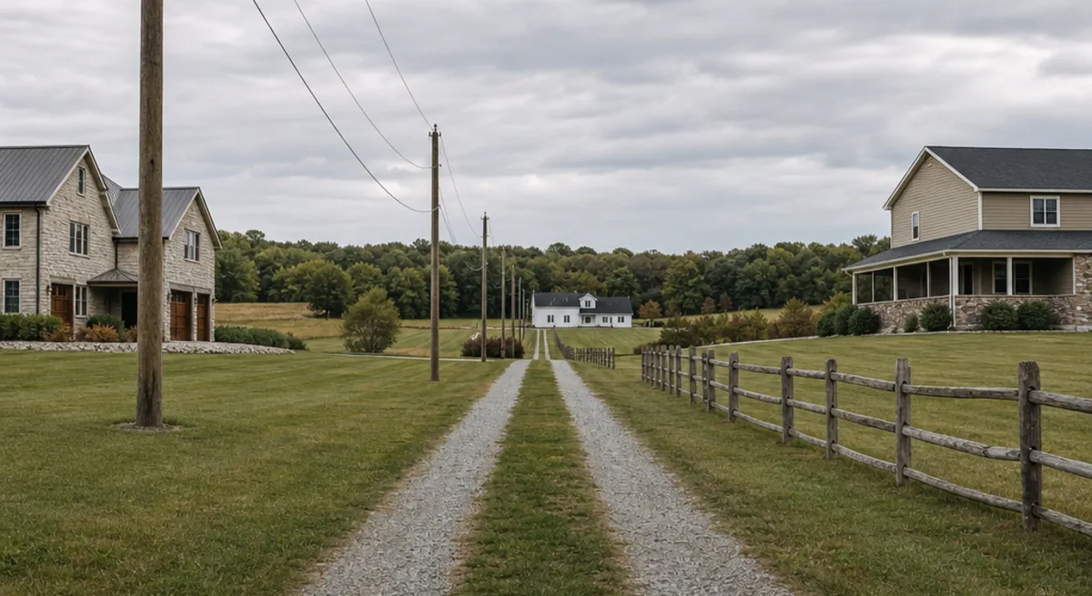 A shared gravel driveway crossing open land between two rural Indiana homes with utility poles alongside - Empire Title