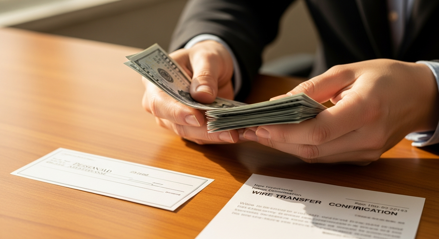Title company escrow officer reviewing closing funds and documents