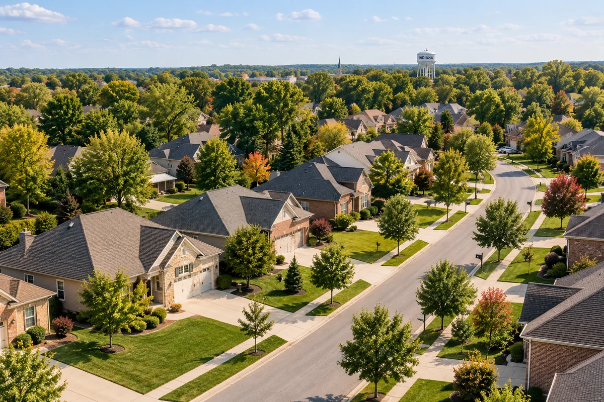 Aerial view of an Indiana residential neighborhood with the Indiana water tower in the distance