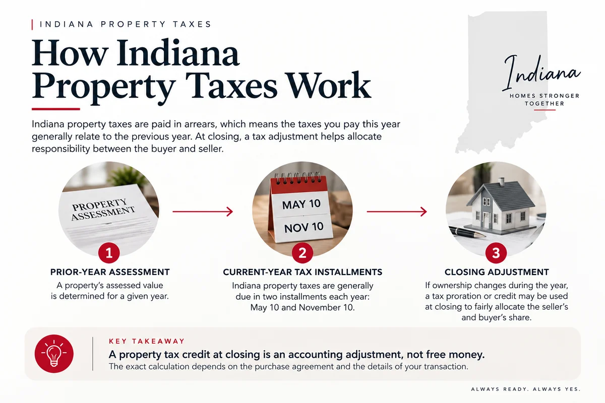 Diagram showing prior-year assessment, May and November Indiana tax installments, and a possible closing adjustment