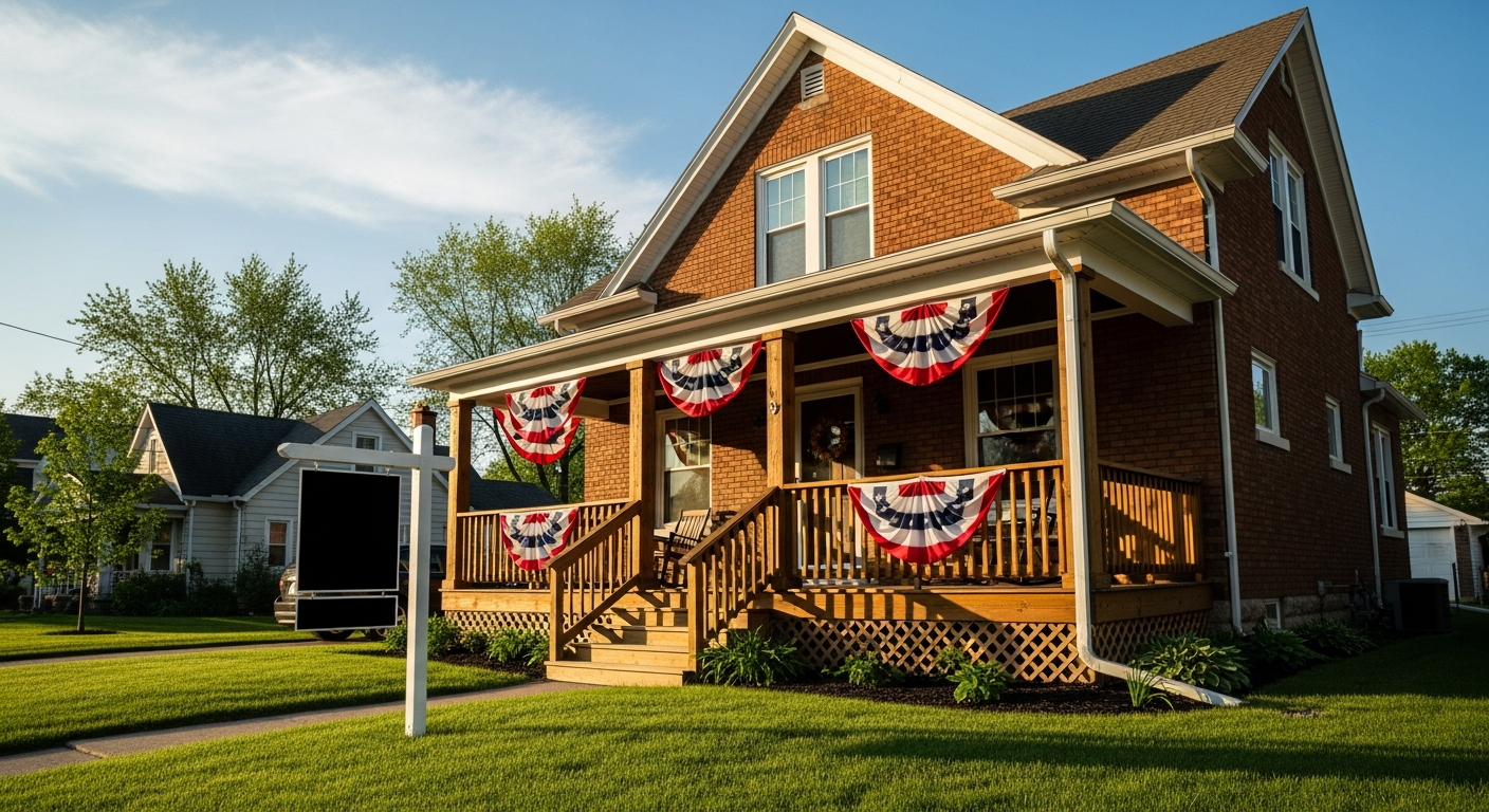 Suburban Indiana home with American flag displayed on front porch in late spring