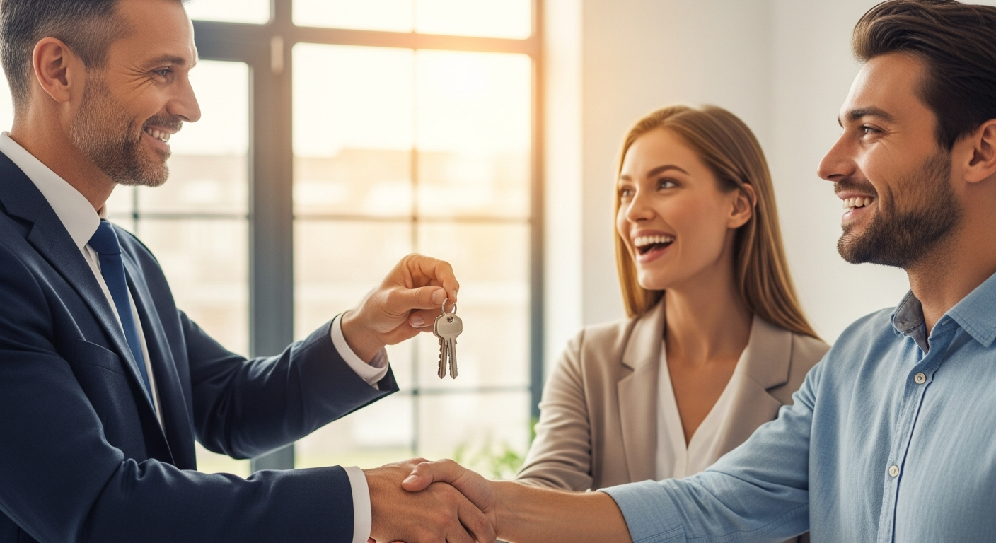 Excited Indiana home buyers receiving keys and celebrating their accepted offer