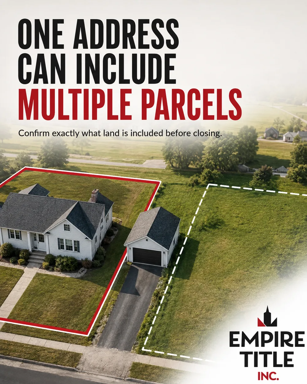 Aerial view of a home with one parcel outlined in red and an adjoining parcel outlined in white — Empire Title Indiana