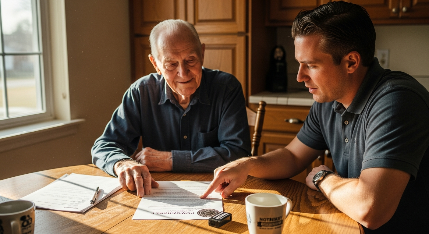 Attorney and client discussing power of attorney documents for Indiana real estate closing