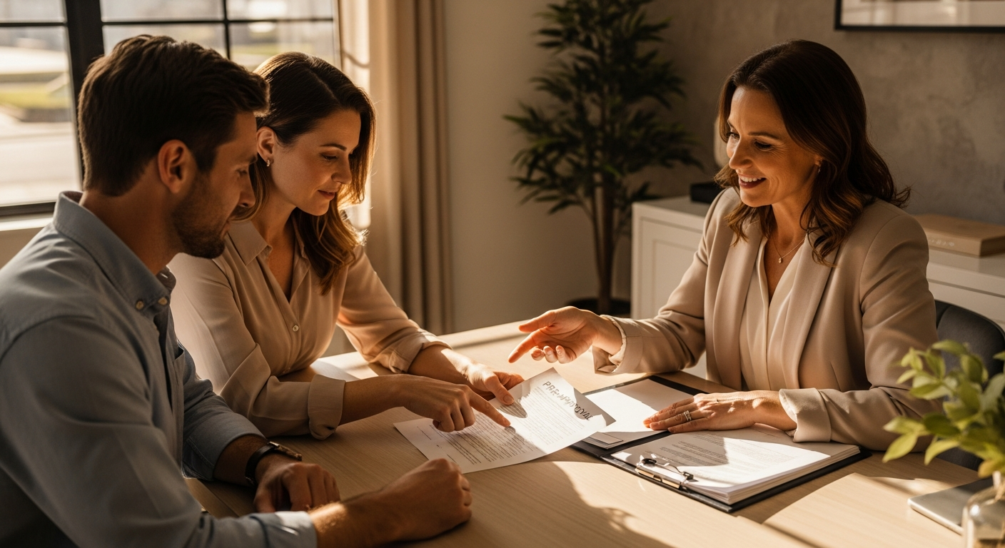 A couple reviewing mortgage pre-approval documents with a lender in a professional Indiana office setting