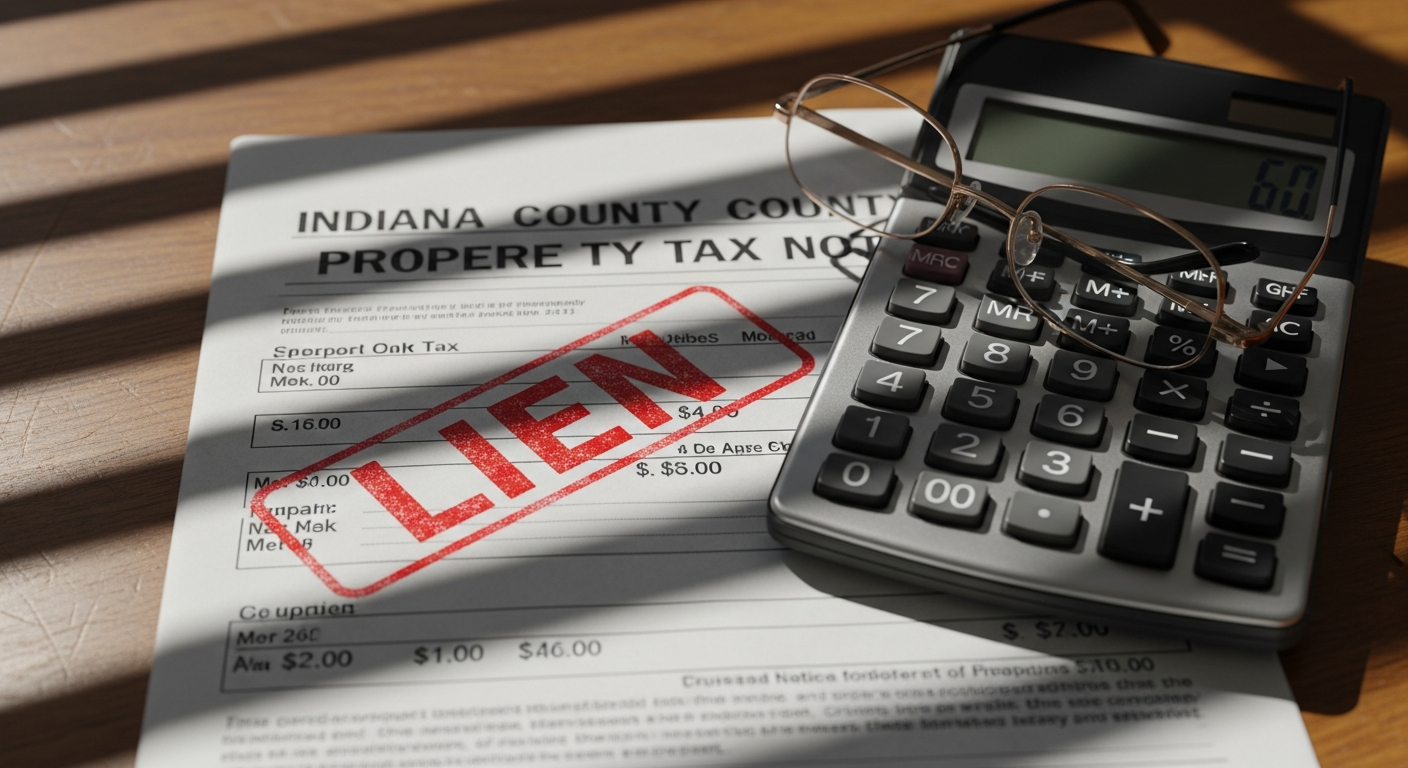 Title professional reviewing property tax lien documents during Indiana real estate closing