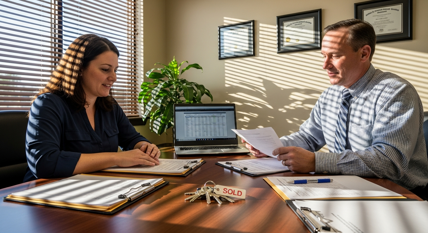 Homeowner reviewing refinance documents with title company officer
