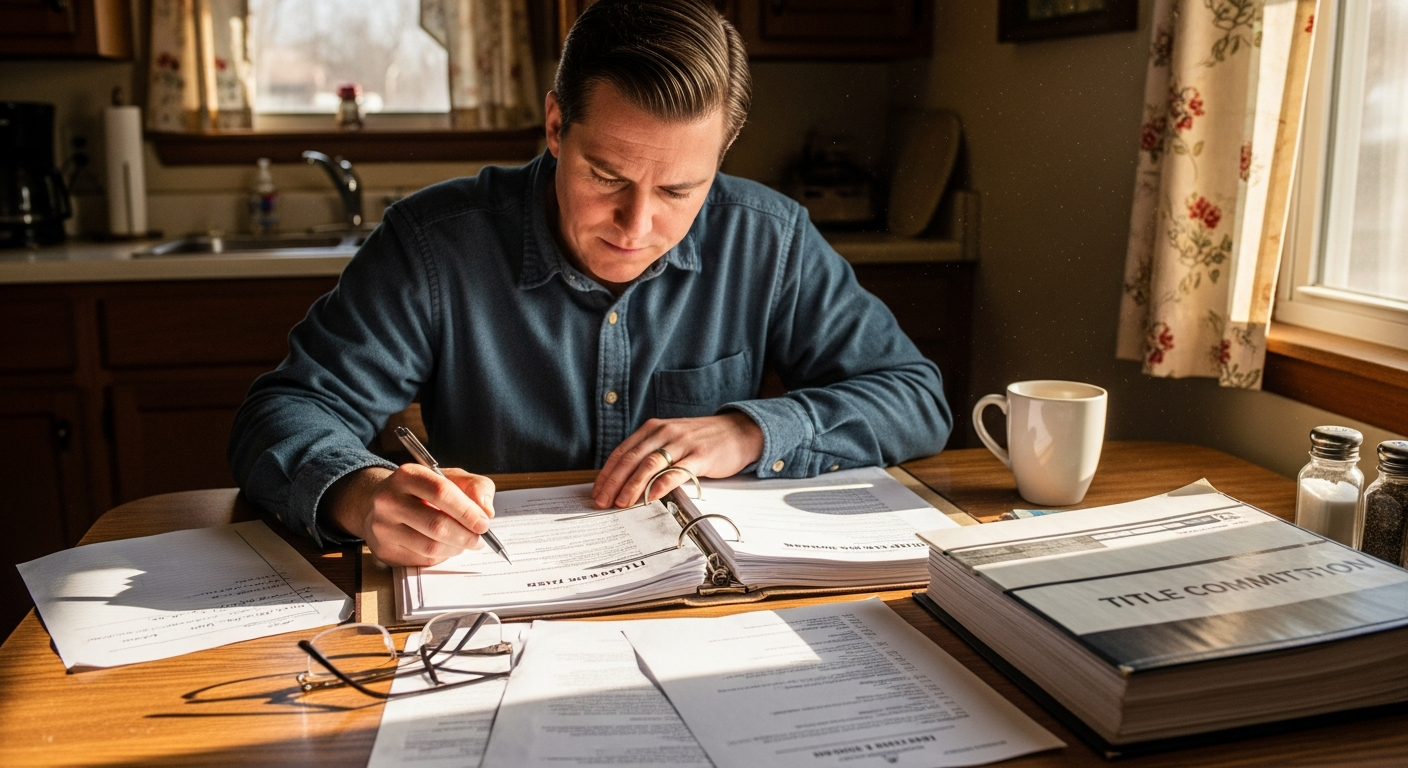 Real estate investor reviewing rental property documents with title agent