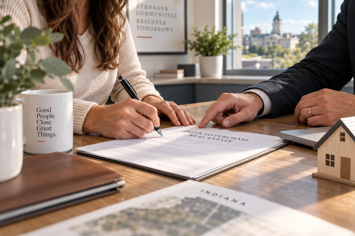 Indiana buyer reviewing an offer to purchase real estate with a closing professional