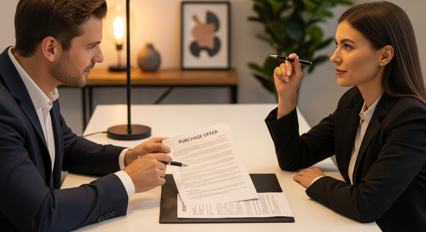 Real estate professionals reviewing a purchase offer document at a professional desk in Indiana