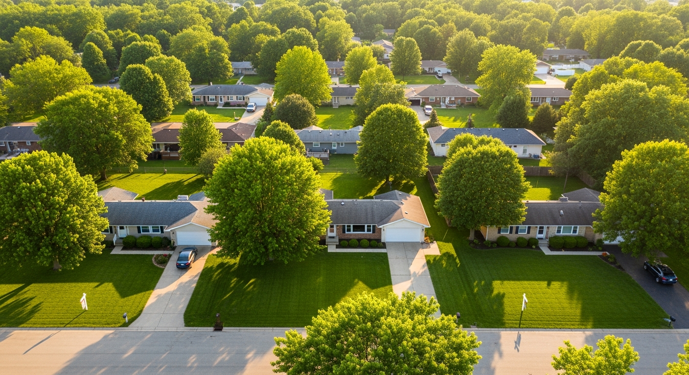 Suburban Indiana neighborhood street in summer with for sale signs and manicured lawns