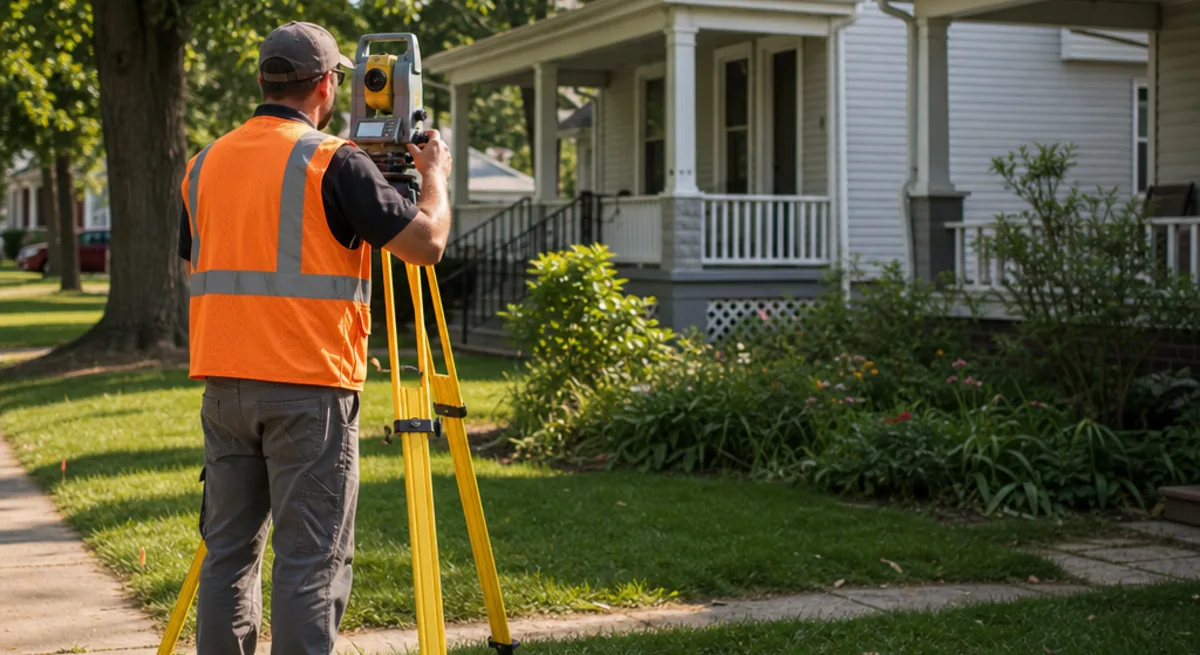 A land surveyor setting up a total station at the edge of a residential front yard in Indiana - Empire Title