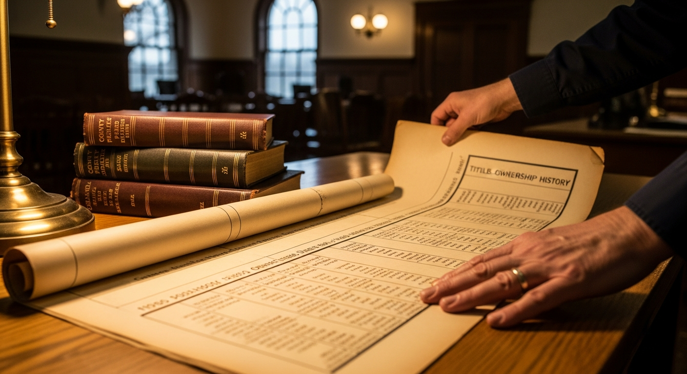 Title abstractor reviewing county property records on a large light table